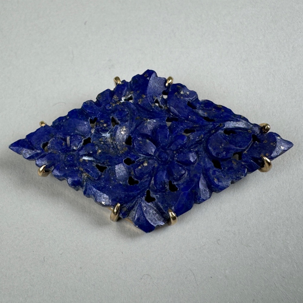 Estate 14K Solid Gold Lapis Lazuli Floral Brooch